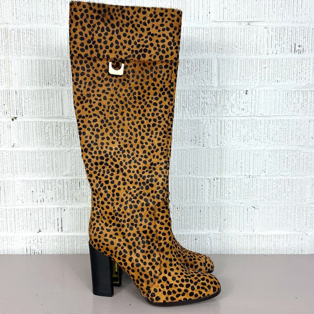 Diane Von Furstenberg Yvonne Brown Pony Boots Heeled Size 6M Animal Zip Gold